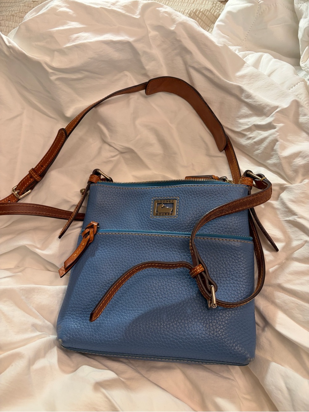 Dooney & Bourke Blue Leather Crossbody with Brown Trim